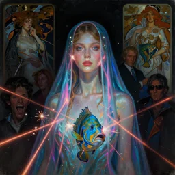 awe-inspiring award-winning concept art full body face portrait painting of attractive anglerfish cyberpunk in neon shrouds as the goddess of lasers, sparks, by Julie Bell, Jean Delville, Virgil Finlay, Alphonse Mucha, Ayami Kojima, Amano, Charlie Bowater, Karol Bak, Greg Hildebrandt, Jean Delville, Frank Frazetta, Peter Kemp, and Pierre Puvis de Chavannesa, extremely moody lighting, glowing light and shadow, atmospheric, shadowy, cinematic, 8K,