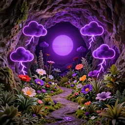in a cave with a miniature hyper - realistic garden of beautiful flowers : 4, beautiful neon lights : 6, highly symmetrical, balanced, purple lightning clouds : 3, octane render, violet sun : 2, in the style of sahm : 3, hd, 4 k, ultra - realistic, in unreal engine
