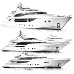 sketches of super yacht, technical, detailed