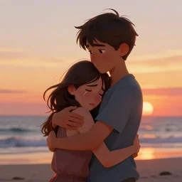 a boy hugging a crying girl on the beach sunset cartoon, hyper realistic, extremely detailed, raytracing, art by artgerm, greg rutkowski and alphonse mucha, artstation, octane render