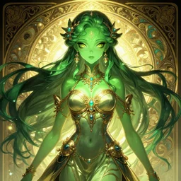 symmetry!!!!!! beautiful green skin alien anime summer princess close portrait, wearing ornate clothing, ultra detailed, elegant, intricate, anime, dynamic lighting, dnd, glowing lights, digital art, digital painting, artstation, wlop, sharp focus, illustration, art by artgerm and greg rutkowski and alphonse mucha, 8 k