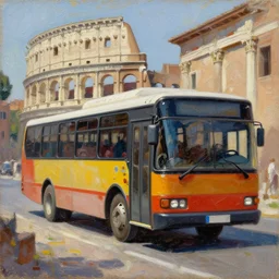 a painting of a bus in the ancient city of rome, hyper realistic, very detailed, thick brush strokes, visible paint layers.