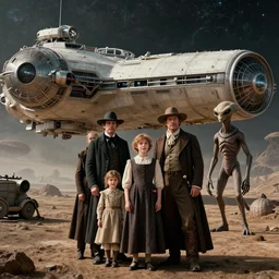 highly detailed, 274438953472k film still from a sci fi blockbuster color movie made in 2019, set in 1860, of a family standing in front of a spaceship that has just landed on an alien planet, a humanoid alien creature stands nearby, the family are all wearing 1860s era clothes, good lighting, good photography, 8k HD, ultra high definition