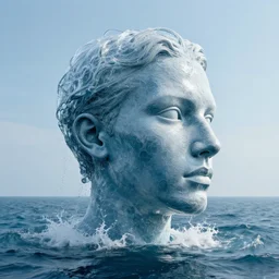 a giant sculpture of a human head on the ocean, made purely out of water, cinematic, in the style of chad knight, long shot, hyper detailed, hyper realistic, ray tracing, 8 k resolution, sharp focus, realistic water, award winning