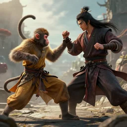 epic cinematic scene depicting a shaoling monk fighting the shit out of a monkey, octane render, trending on artstation, trending on cinemas