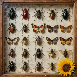 a grid of strange giant insects individually pinned in a wooden museum display case, beetles, spiders, butterflies, moths, wasps, bees, maggots, locusts and flies, oil painting by max ernst and anselm kiefer, decay, mixed media, textured, sharp focus, highly detailed, photographic emulsion cracked and peeling, rust, wire, sunflowers, nails, cinematic lighting, 8 k, hd