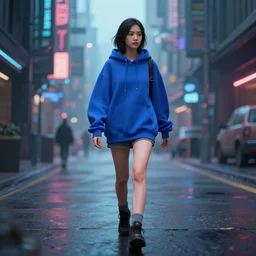 woman in blue hoodie walking through a cyberpunk street, digital art, octane, unreal engine