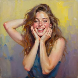 a very beautiful highly aesthetic oil painting of ALEXANDRIA MORGAN happily posing in a very happy and amused mood, artsy, trending on Artstation, 4k, masterpiece