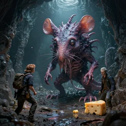 by chet zar and alexander jansson, visually stunning, cinematic, ultra realistic, hyper realism, 1 2 k, epic, octane render, unreal engine, vfx, maya, it's form is all wrong : undefined idealism, rat king : thallid omnivore, the sewer holds a spooky surprise : undercity scavenger, a little block of cheese : the fluidity of creativity
