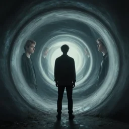 guy standing in spinning portal where he can see himself in the future, trippy, weird, artstation, realistic, moody