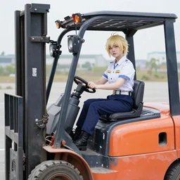 a person cosplaying homura akemi operating a forklift