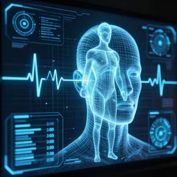 technical diagram, dashboard, human performance, wireframe human, heartbeat, glowing wireframe, future scifi scene, biometric dials and displays in background, high detail, precise lines, angular, vector, biometric sensors