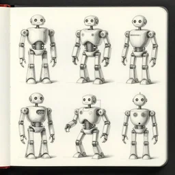 many sketches of robots, on a notebook page, pencil, by Peter Mohrbacher technical drawing