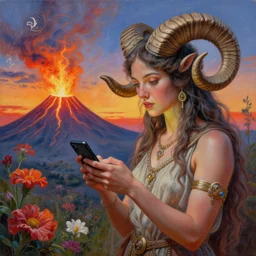 painting by senior concept artist josephine wall, goddess with horns of a ram checking her cell phone, erupting volcano in distance, sunset, flowers in foreground, zodiac, fantasy, acrylic on canvas, intricately detailed, highly detailed, high resolution, hdr, 8 k, by senior concept artist, trending on artstation