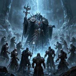 vast ice dungeon, the lich king summoning a horde of undead warriors, warcraft, warcraft artwork, digital drawing, hyperrealistic, hyper detailed, dark fantasy, gritty