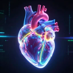 organ, medical heart!!! neon glowing, bioluminiscent, scifi, robotic lines, tron legacy, substance painter, heart, emissive, tron lines, cybertron, artstation, by beeple, halo, vaporwave, matrix