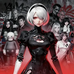 highly detailed portrait of a moody post - cyberpunk android lady with robotic limbs, by atey ghailan, james gilleard, by joe fenton, by greg rutkowski, by greg tocchini, by kaws, by kate beaton, by kaethe butcher, 4 k resolution, nier : automata inspired, bravely default inspired, gradient red, black and white color scheme!!! ( ( graffiti tag wall background ) )