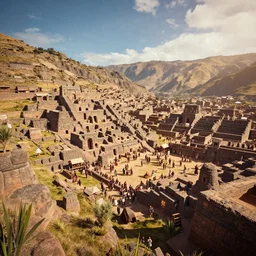 super wide angle cinematic shot of an ancient incan city on a festive day, unreal engine, masterpiece