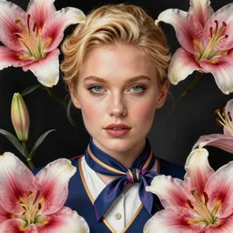 a beautiful fashion blond flight attendant, frank outfit, symmetrical, maximalist, lily frame, art by ilya kuvshinov, rossdraws, sharp focus, art by wlop and artgerm, extreme detail, detailed drawing, hyper detailed face