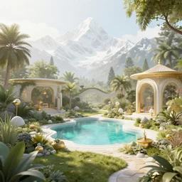 a beautiful 3 d render of a paradise garden, perfect, hazy, volumetric lighting, snowy summits in the background, turquoise lake, very detailed, serene, gold accents, washed out colors, photorealistic, master level composition, raytracing