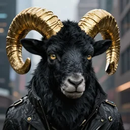 cyberpunk Black ram with golden horns portrait, detailed face and eyes, city background, by Anne Stokes, 8K DoP