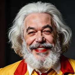 Karl Marx as Ronald McDonald, smilingz close up,  hyper realistic, high detail skin, good lighting, sharp focus