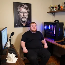 incel twitch streamer, portly with acne and neck beard, hangs detailed portrait of jordan peterson on the wall of his mom's basement, tissues on floor, gaming rig with bright leds on desk, vlogger mic on stand, shelf with star wars figurines