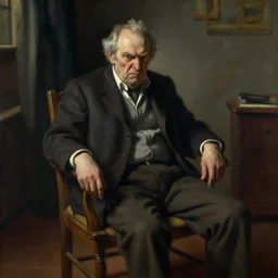 angry old man in chair inside a dark house, painting by by ralph grady james, jean christian biville