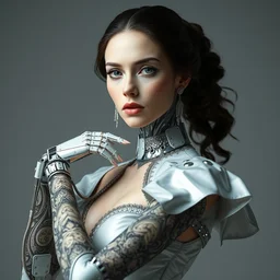 portrait of beautiful female robot super model wearing a detailed gucci dress with a tattoo sleeve design, perfect symmetrical pose, sharp, by irakli nadar with intricate detailed wearing silver victorian dress designed by alexander mcqueen and rocky gathercole, haunting, elite, elegant, ruan jia, dark, hyper detailed, concept art, intricate, detailed