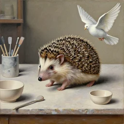 painting of a hedgehog on a table in a ceramic workshop, surrounded by ceramicists tools and unfinished bowls, a white dove, oil painting, northern renaissance art, oil on canvas, wet - on - wet technique, realistic, intricate textures, illusionistic detail