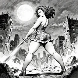 thicc scarlett johansson, holding sword!! afro samurai anime style, full body profile, dynamic wide angle lens, manga style, greg rutkowski, pencil and ink, full moon lighting, fully clothed, daisy dukes, black and white, in a post apocalyptic city