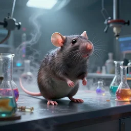 highly realistic intricate rat standing on a desk in a laboratory with lots of flasks filled with magic liquids and poisonous fog, stephen bliss, unreal engine, fantasy art by greg rutkowski, loish, rhads, ferdinand knab, ilya kuvshinov, rossdraws, tom bagshaw, global illumination, radiant soft light, detailed and intricate environment