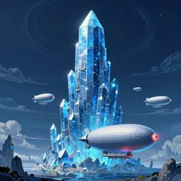 a steam powered airship fleet flying towards a massive blue crystal tower, alien sky, in the style of Moebius, Neon highlights, neon ringed planet in the sky, steampunk, neonpunk semi surrealism, by Xsullo, Trending on Artstation, Instagram, epic scale, epic scene, fine details