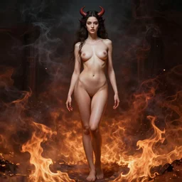 a masterpiece full body portrait a beautiful Beatrice as a demoness in Dante\'s inferno, beautiful face, flawless skin, flames and smoke in background, by Edgar Maxence and Ross Tran and Michael Whelan