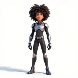 afro-haired villain in armored suit, stylized pixar-style 3d render, full body, standing, isolated on a pure white background, centered, whole figure in frame, sharp focus, studio lighting