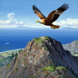goro fujita ilustration a milvus migrans on top of a large mountain overlooking the sea, painting by goro fujita, sharp focus, highly detailed, artstation
