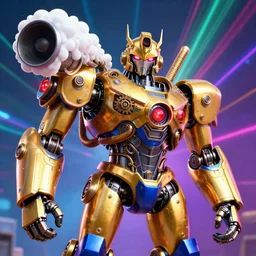 portrait photo of a giant huge golden and blue metal humanoid steampunk robot with a huge foammachine shooting foam, with gears and tubes, eyes are glowing red lightbulbs, shiny crisp finish, 3 d render, 8 k, insaneley detailed, fluorescent colors, background is multicolored lasershow
