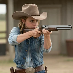 medium shot of emma watson as a cowboy loading her gun in a western movie directed by sergio leone, sunset, promotional image, detailed face, movie still frame, techniscope 3 5 mm film