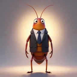 full body shot of a thin anthropomorphic cockroach wearing a suit with a tie, with long antennae, trending on artstation, trending on deviantart ,backlighting, 8k, hyper detail illustration, symmetrical, correct proportions, 3d render, by tim schafer, vibrant colors, disney studios