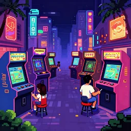street city, fantastic lighting, arcade, videogame, pixel art, high detail, 1 6 bits, 2 d, sprite