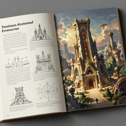 zoomed - in page scan of fantasy architecture encyclopedia book, never seen before unknown ancient fantasy architecture style, diagrams, insanely detailed, informative texts and graphs, illustration with detailed text on a side, d & d, ad & d digital painting concept art artstation behance style