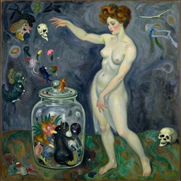 a painting of pandora opening her jar, releasing critters that impersonate sickness and death by egon schiele