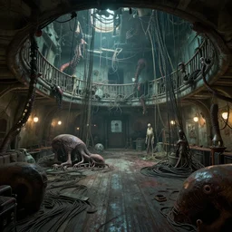 interior of a derelict ship with lots of alien infestations and wires hanging from the ceiling, 8 k uhd, unreal engine, octane render in the artstyle of finnian macmanus, john park and greg rutkowski