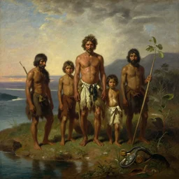 a family of maroons on a mesic island, 1800s, realistic, detailed, oil painting by Ernest deutsch, Rembrandt, dramatic lighting, smooth, oil on canvas,
