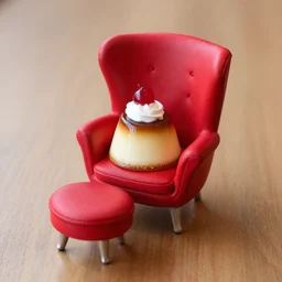a delicious pudding served on a tiny red wingback egg chair with ottoman