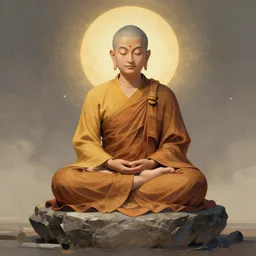 a augmented meditating monk sitting on a stone, visionary art style,