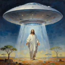 a massive hovering UFO over an African Jesus ,painting by Hsiao-Ron Cheng,