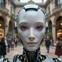 detailed face of an intelligent scholarly robot with kind eyes in a architectonic victorian courtyard at a science expo, atmospheric, ambient, pj crook, syd mead, livia prima, artgerm, greg rutkowski, nick alm, casey baugh