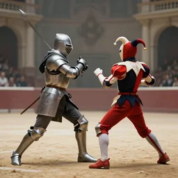 a knight fighting a jester to the death in an arena.