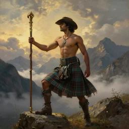 an ethereal dramatic homoerotic painting of a handsome shirtless desi mountaineer | he is wearing a scottish plaid kilt and cowboy hat, and holding a staff | triumphant pose | background is mountains and clouds | dramatic lighting, golden hour | by clyde aspevig and albert bierstadt and sophie anderson | trending on artstation